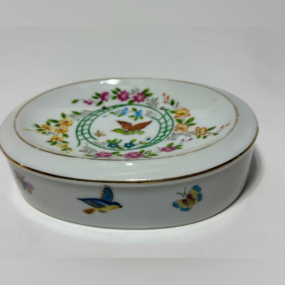 Vintage IW Rice & Co Birds Flowers Porcelain 5" Oval Soap Dish Made in Japan - Picture 1 of 13